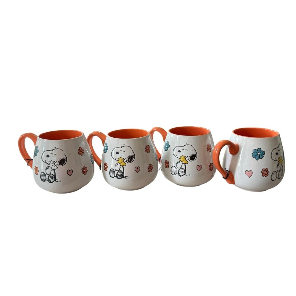 Peanuts Snoopy & Woodstock Hearts Flower Lg 20oz Heavy Stoneware Mug Set Of 4.